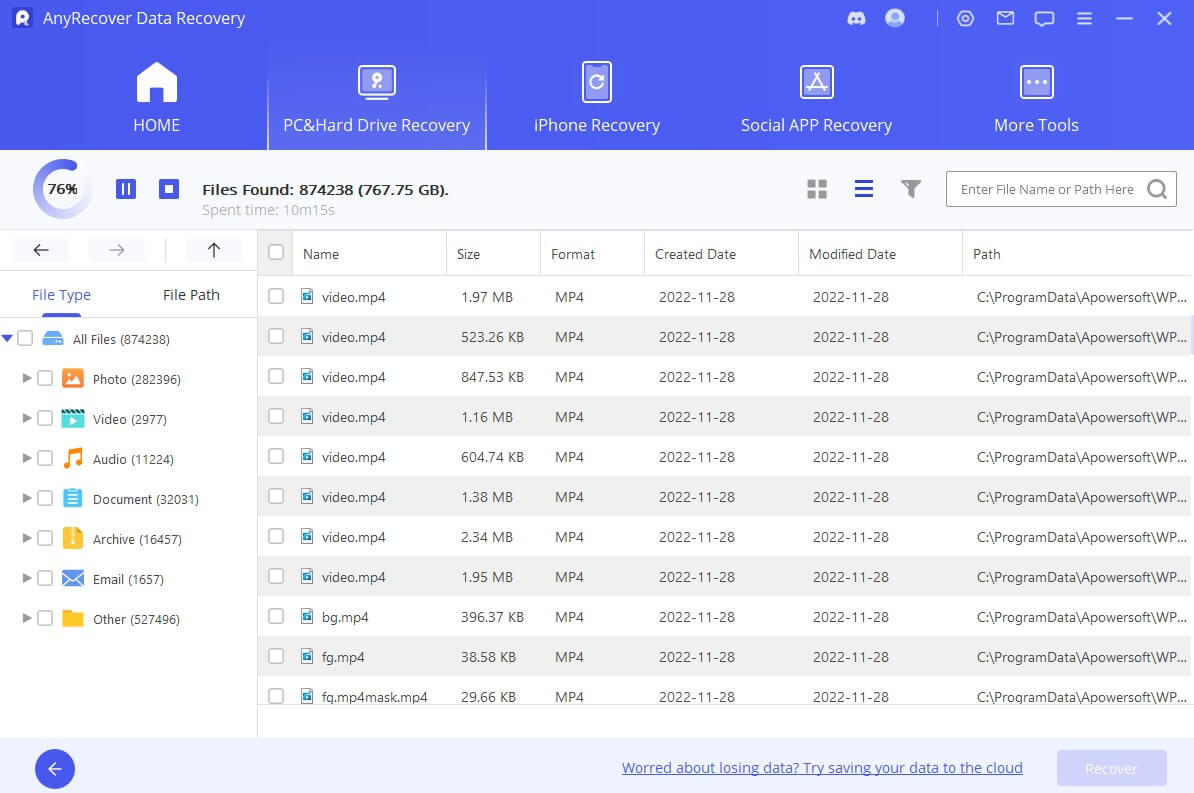 AnyRecover scan and find permanently deleted files windows 10