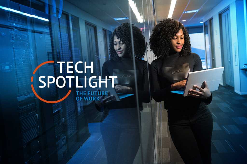 Tech Spotlight   >   The Future of Work [Network World]   >   Laptop user beside data center.